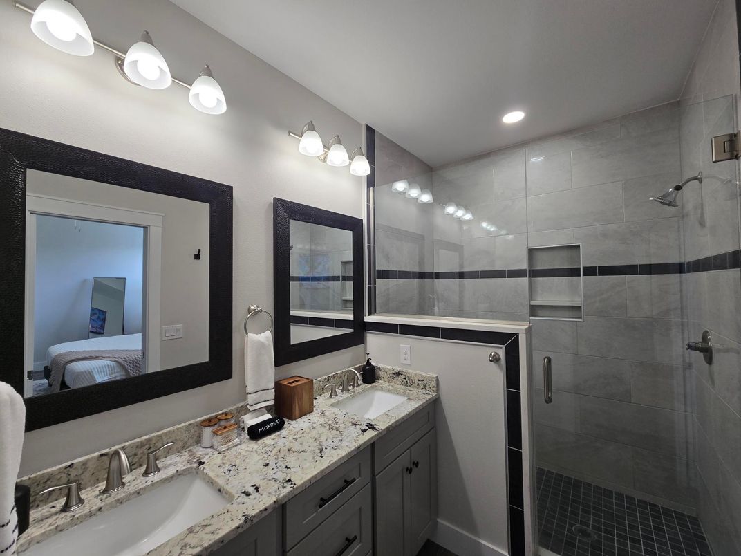 Bathroom, Dual Sink Vanities, Glass Shower, Interior, Recessed Lighting