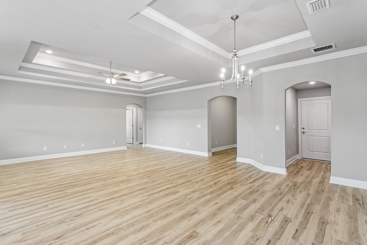Chandelier, Empty room, Interior, Recessed Lighting, Wood Texture Flooring