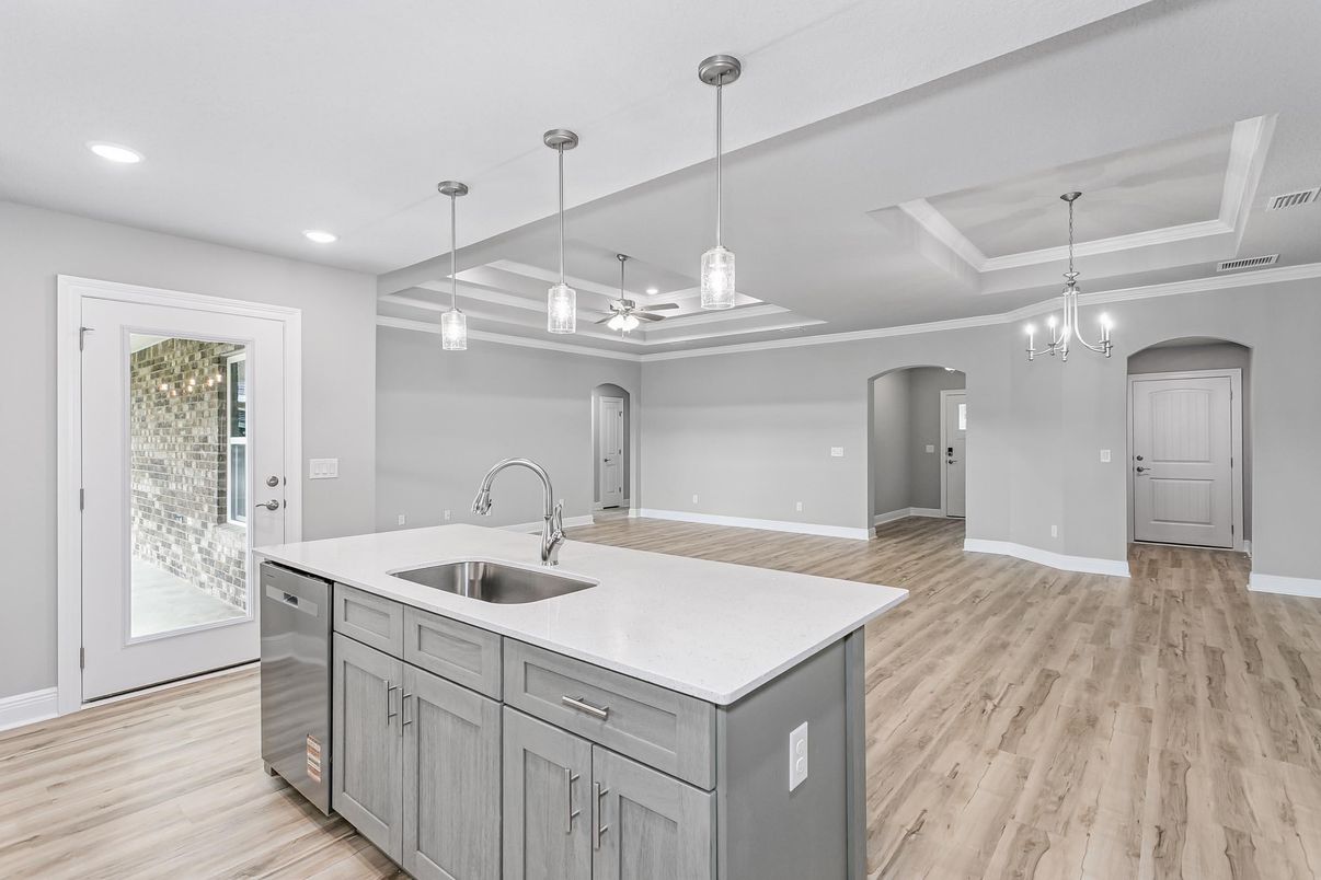 Chandelier, Interior, Kitchen, Pendant Lights, Recessed Lighting, Wood Texture Flooring
