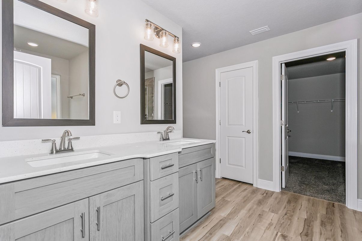 Bathroom, Dual Sink Vanities, Interior, Recessed Lighting, Wood Texture Flooring