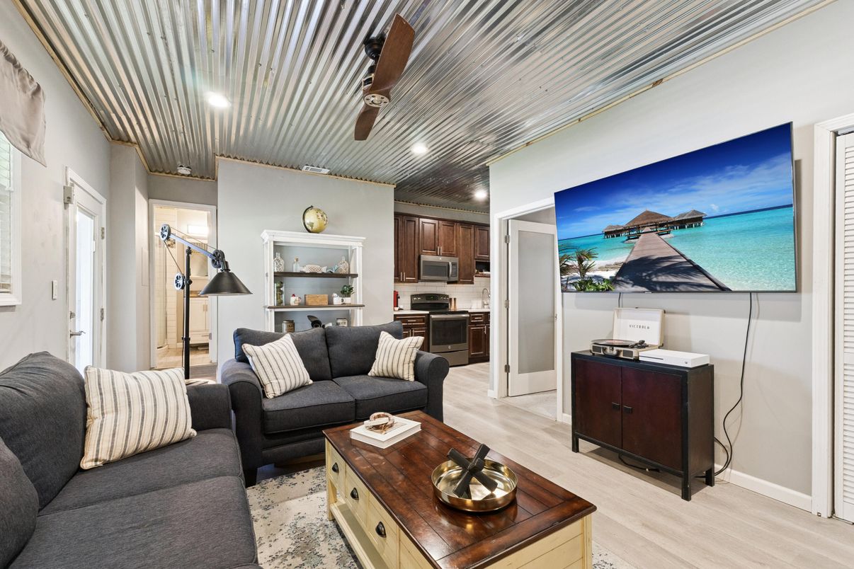 Interior, Kitchen, Living room, Recessed Lighting, Stainless Steel Appliances, Wood Texture Flooring
