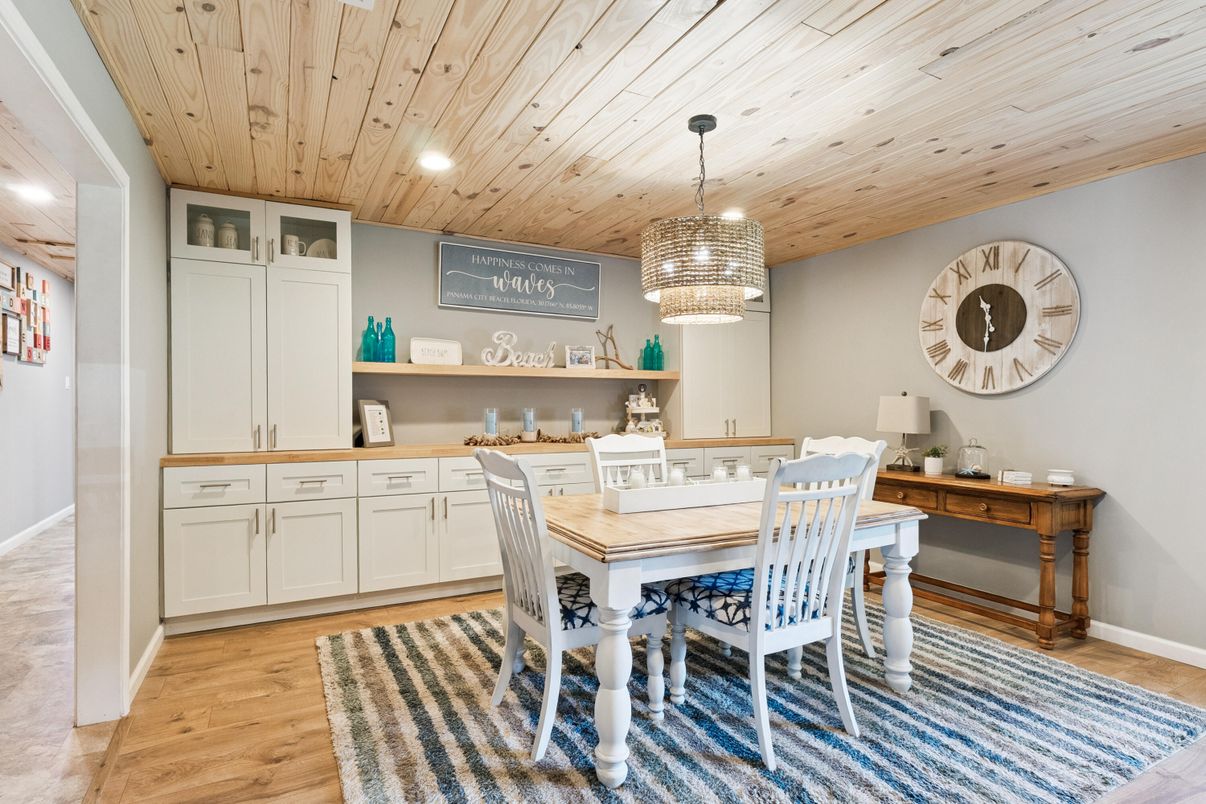Chandelier, Dining room, Interior, Recessed Lighting, Wooden Ceilings, Wood Texture Flooring