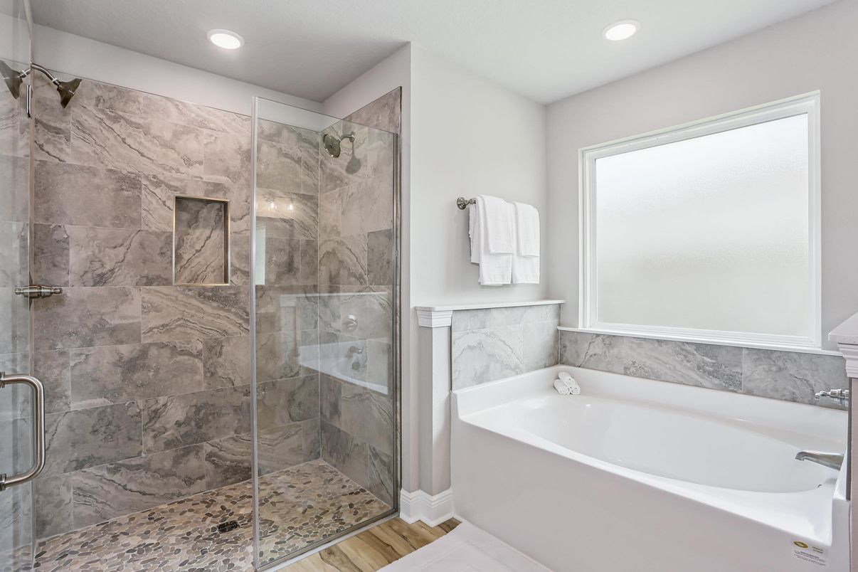 Bathroom, Glass Shower, Interior, Marble Walls, Recessed Lighting, Wood Texture Flooring