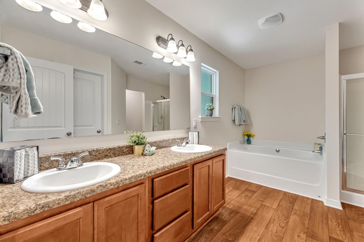 Bathroom, Dual Sink Vanities, Interior, Wood Texture Flooring