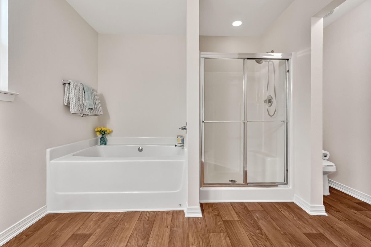 Bathroom, Glass Shower, Interior, Recessed Lighting, Wood Texture Flooring