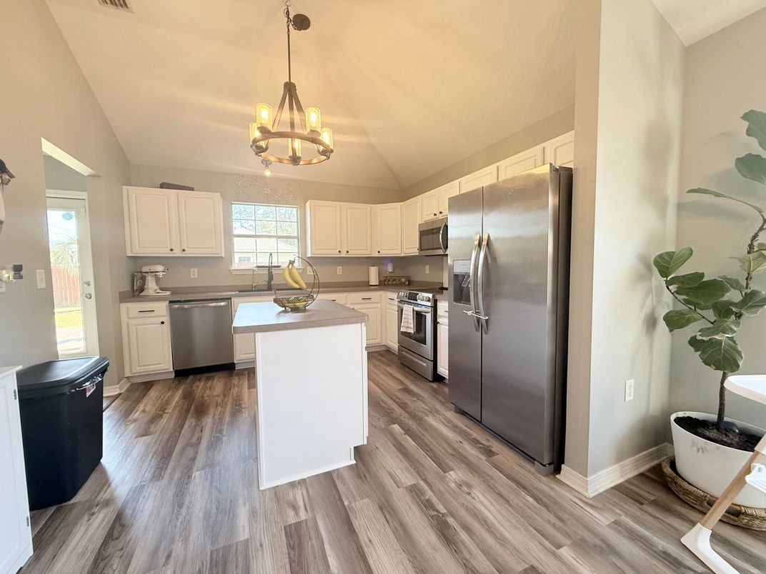 Chandelier, Interior, Kitchen, Pendant Lights, Stainless Steel Appliances, Wood Texture Flooring