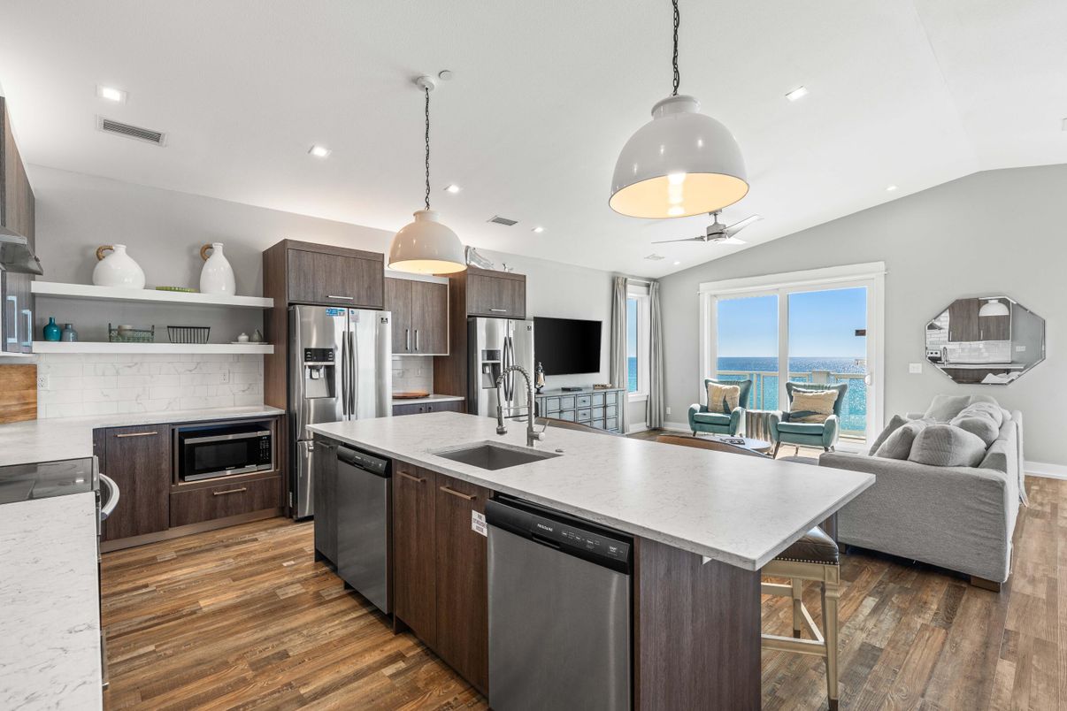 Interior, Kitchen, Pendant Lights, Recessed Lighting, Stainless Steel Appliances, Water, Wood Texture Flooring