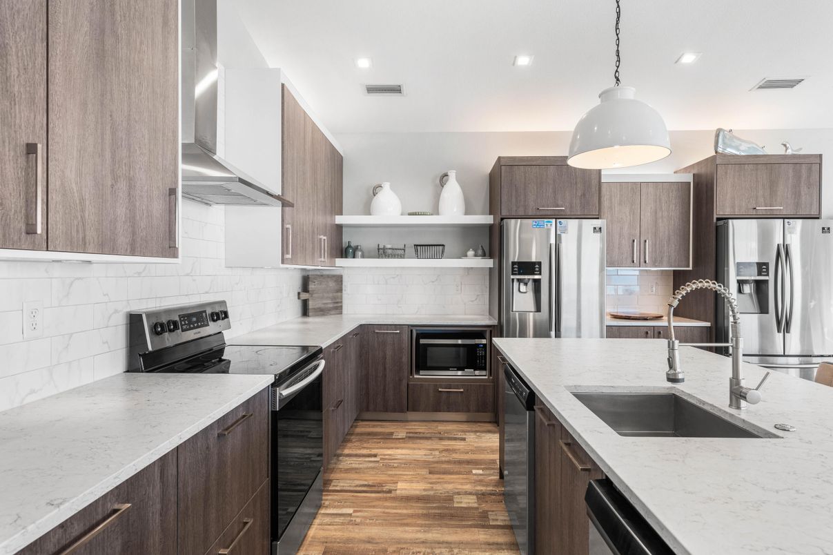 Interior, Kitchen, Pendant Lights, Recessed Lighting, Stainless Steel Appliances, Wood Texture Flooring