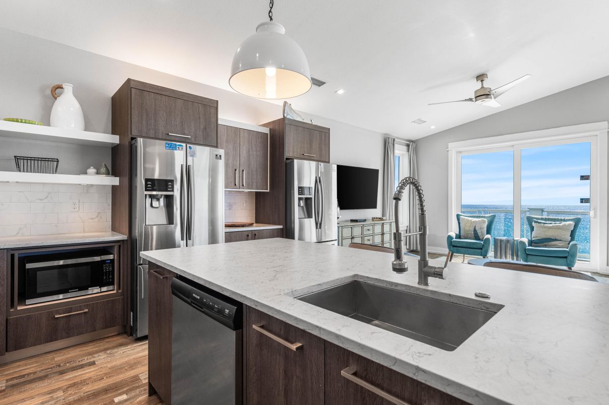 Interior, Kitchen, Recessed Lighting, Stainless Steel Appliances, Water, Wood Texture Flooring