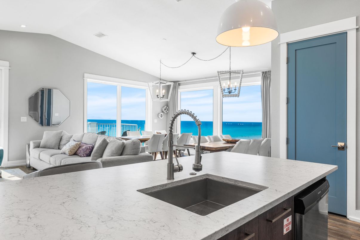 Dining room, Interior, Kitchen, Living room, Pendant Lights, Recessed Lighting, Water, Wood Texture Flooring