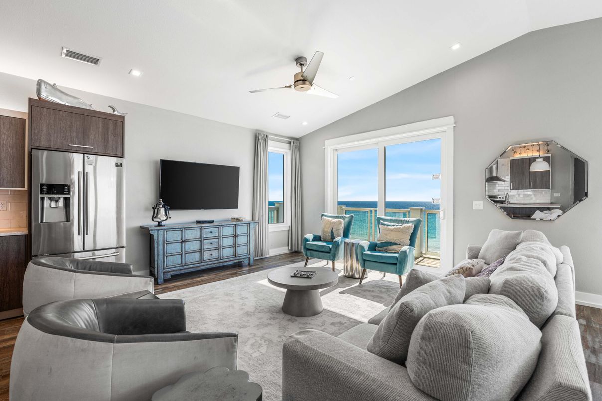 Interior, Kitchen, Living room, Recessed Lighting, Stainless Steel Appliances, Water, Wood Texture Flooring