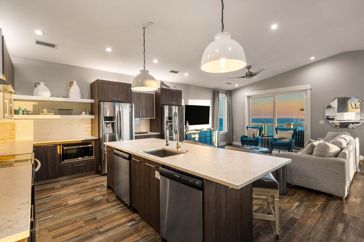 Interior, Kitchen, Living room, Pendant Lights, Recessed Lighting, Stainless Steel Appliances, Wood Texture Flooring