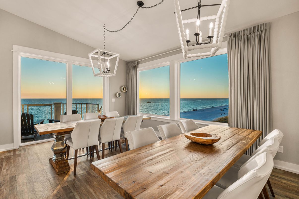 Dining room, Interior, Pendant Lights, Water, Wood Texture Flooring