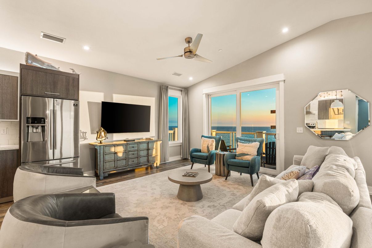 Interior, Kitchen, Living room, Recessed Lighting, Stainless Steel Appliances, Water, Wood Texture Flooring