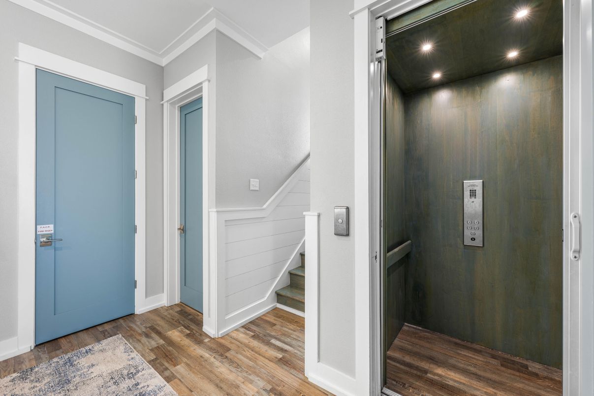 Elevator, Interior, Recessed Lighting, Wood Texture Flooring, Wooden Walls