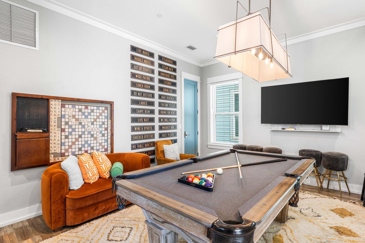 Billiard Table, Game Room, Interior, Pendant Lights, Wood Texture Flooring
