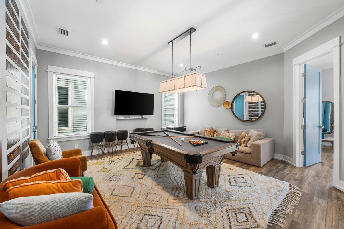 Billiard Table, Game Room, Interior, Living room, Pendant Lights, Recessed Lighting, Wood Texture Flooring