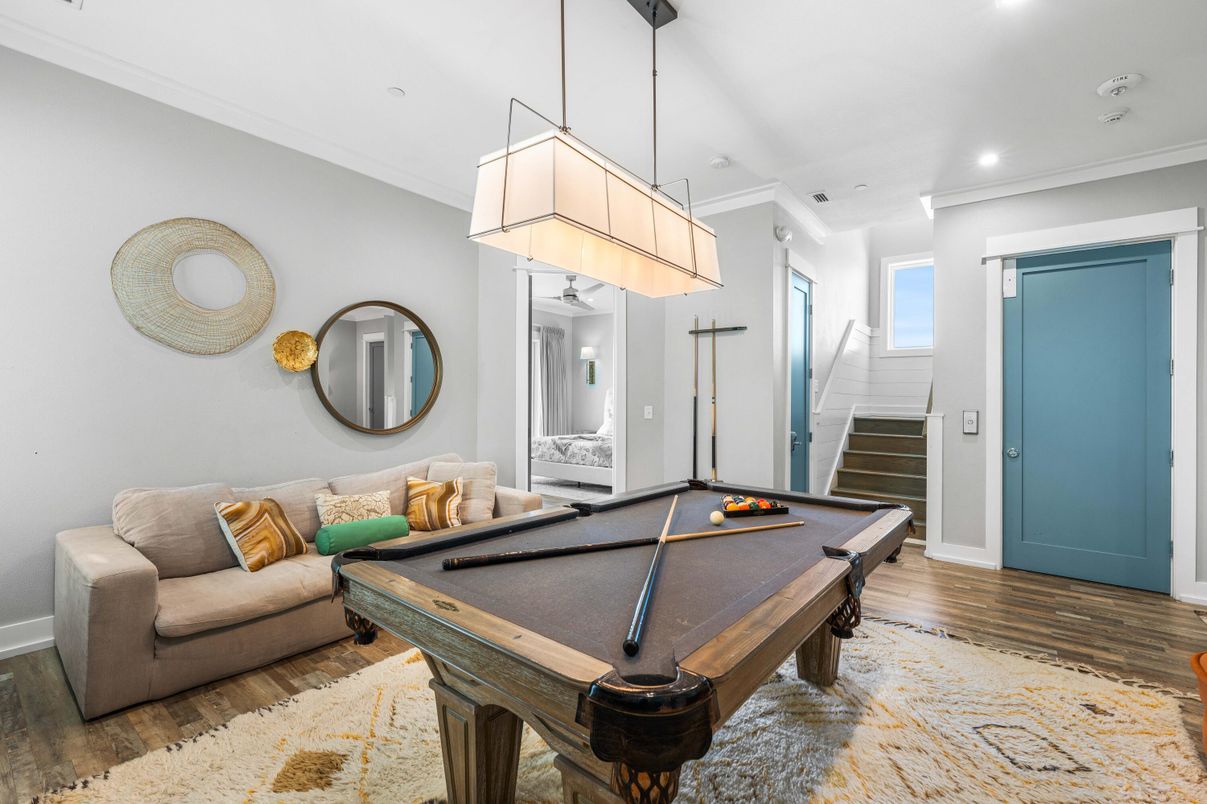 Billiard Table, Game Room, Interior, Pendant Lights, Recessed Lighting, Wood Texture Flooring