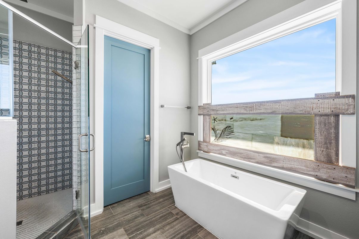 Bathroom, Free Standing Baths, Glass Shower, Interior, Water, Wood Texture Flooring