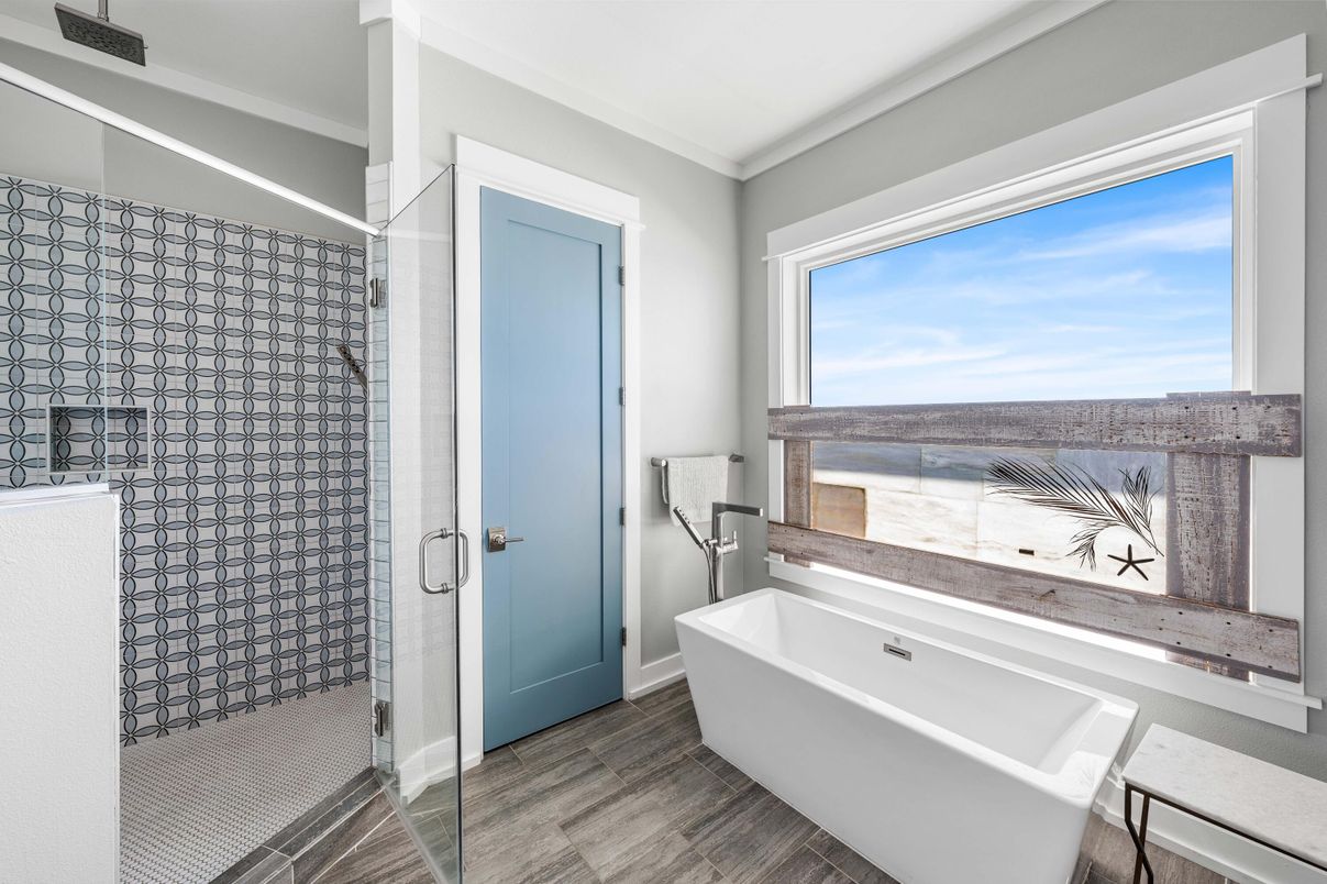 Bathroom, Free Standing Baths, Glass Shower, Interior, Water, Wood Texture Flooring