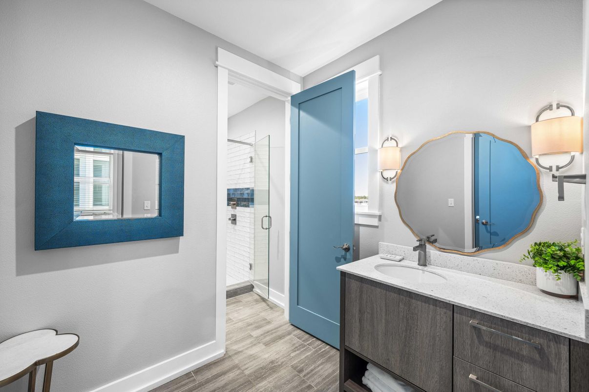 Bathroom, Glass Shower, Interior, Wood Texture Flooring