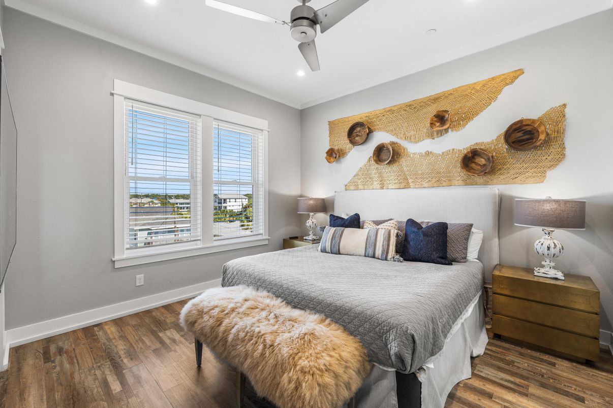 Bedroom, Interior, Recessed Lighting, Wood Texture Flooring