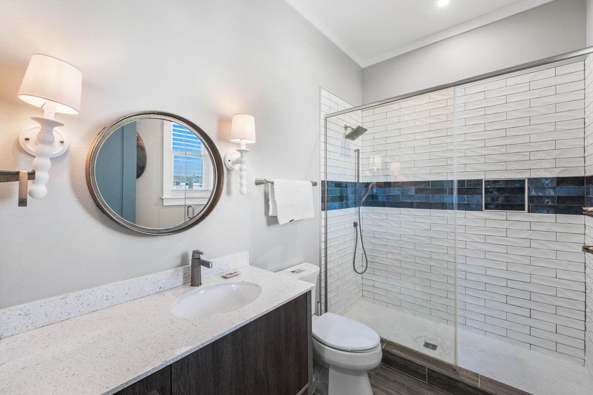 Bathroom, Glass Shower, Interior, Recessed Lighting, Wood Texture Flooring