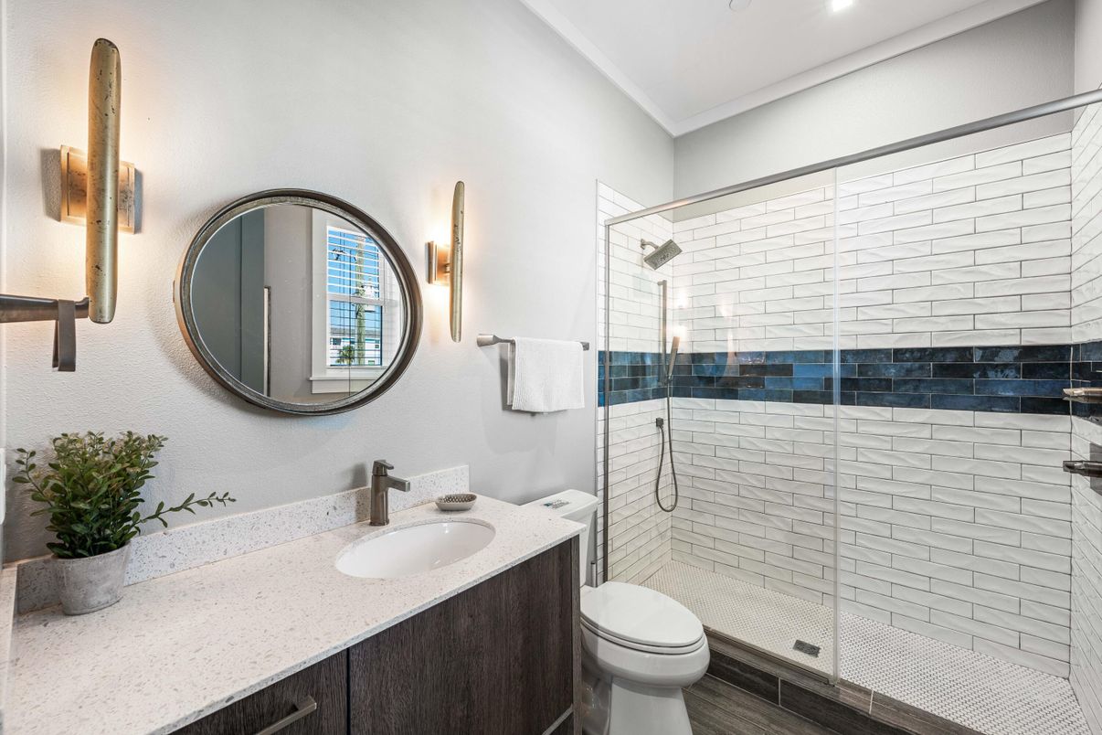 Bathroom, Glass Shower, Interior, Recessed Lighting, Wood Texture Flooring
