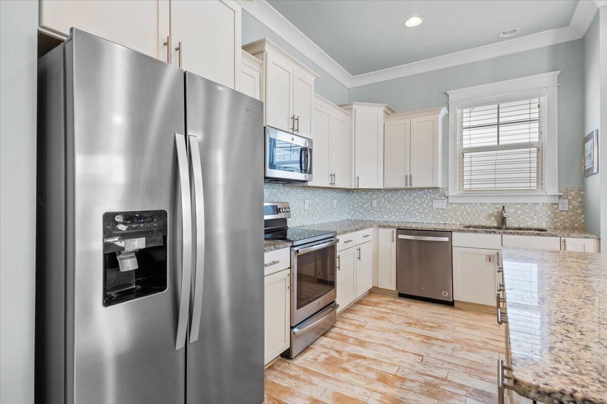 Interior, Kitchen, Recessed Lighting, Stainless Steel Appliances, Wood Texture Flooring