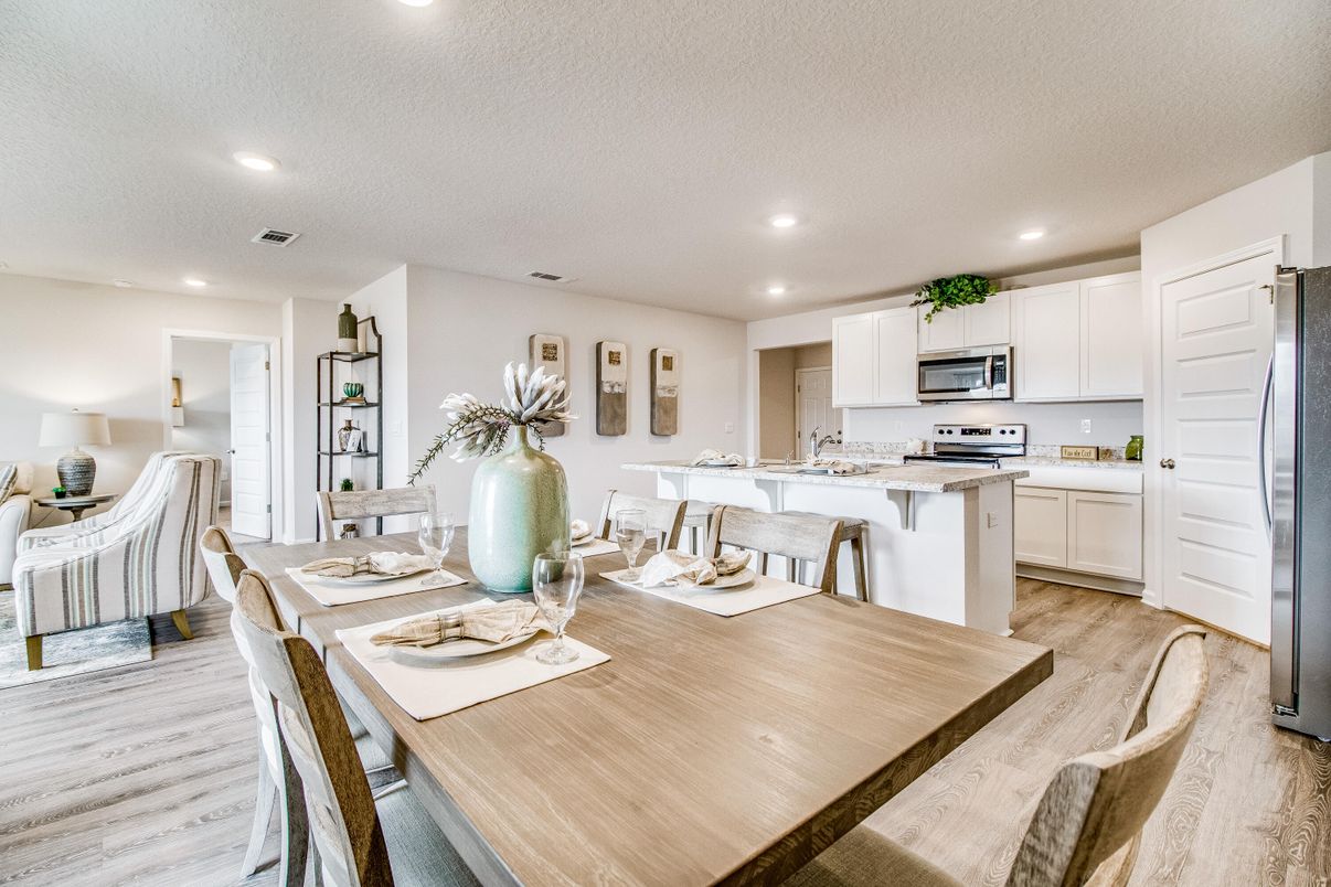 Dining room, Interior, Kitchen, Recessed Lighting, Stainless Steel Appliances, Wood Texture Flooring