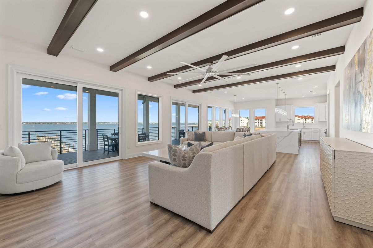 Interior, Kitchen, Living room, Pendant Lights, Recessed Lighting, Water, Wooden Beams, Wood Texture Flooring