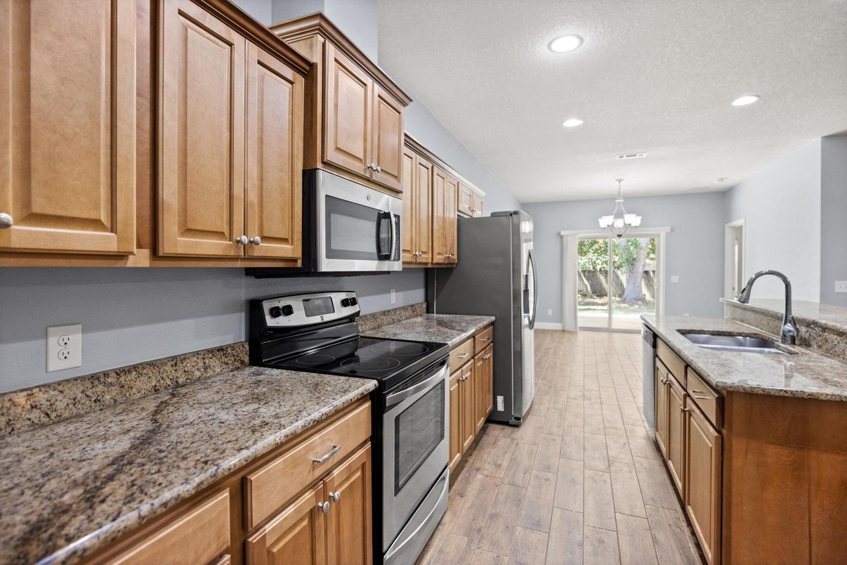 Chandelier, Interior, Kitchen, Recessed Lighting, Wood Texture Flooring