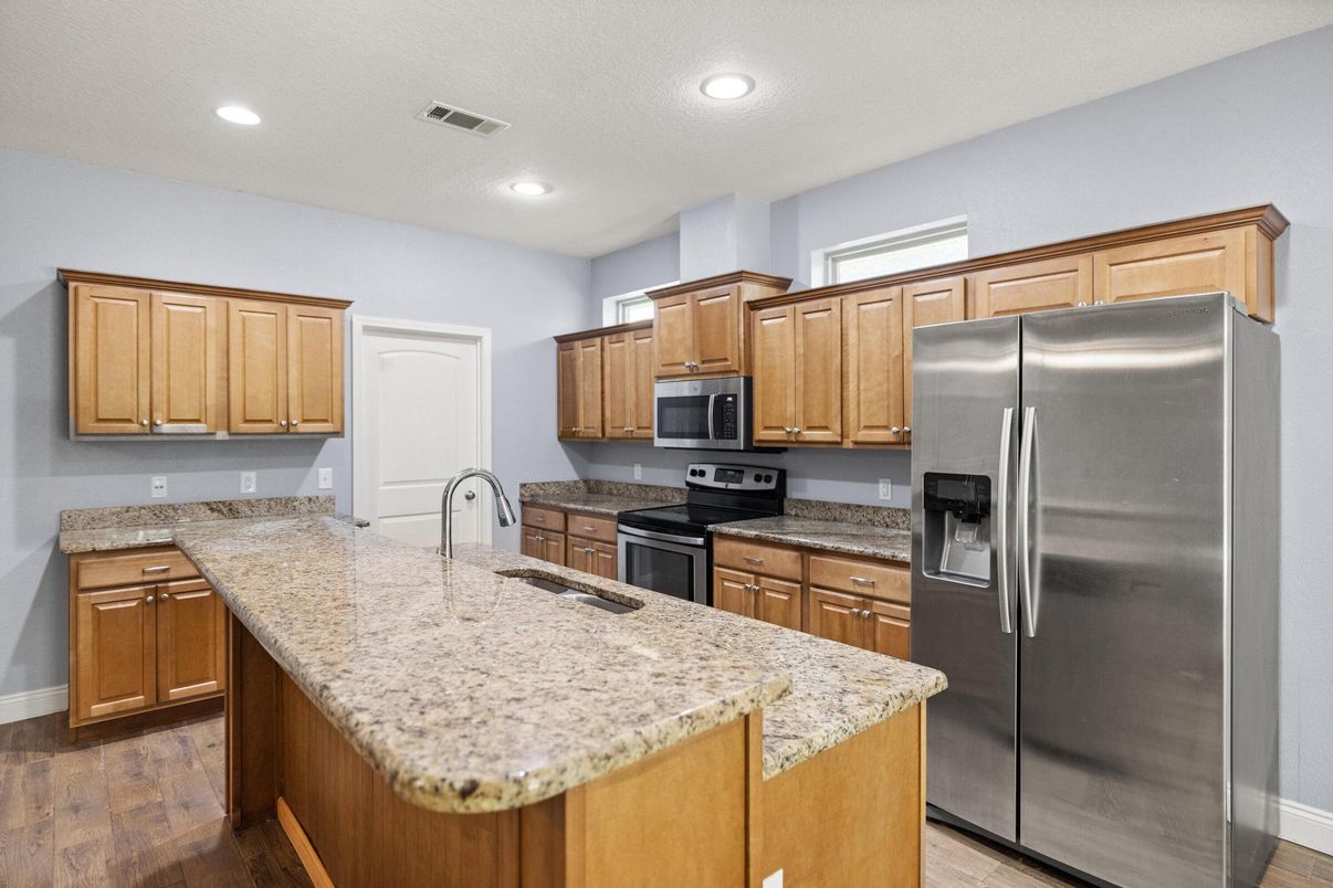 Interior, Kitchen, Recessed Lighting, Stainless Steel Appliances, Wood Texture Flooring