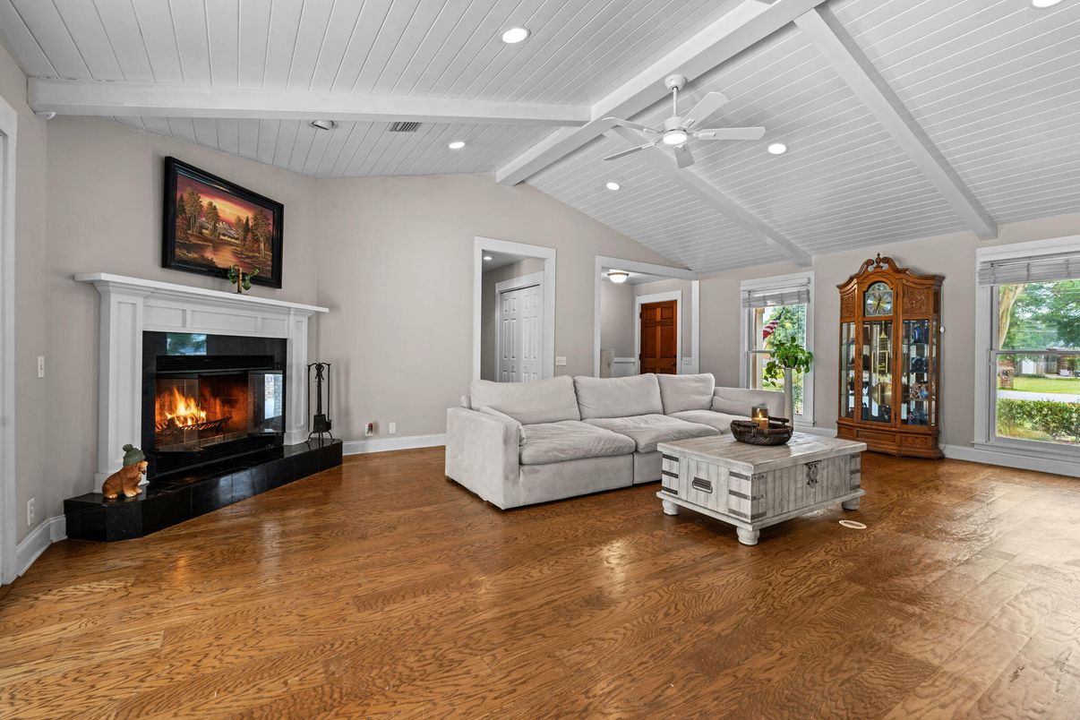 Fireplace, Interior, Living room, Recessed Lighting, Wood Texture Flooring