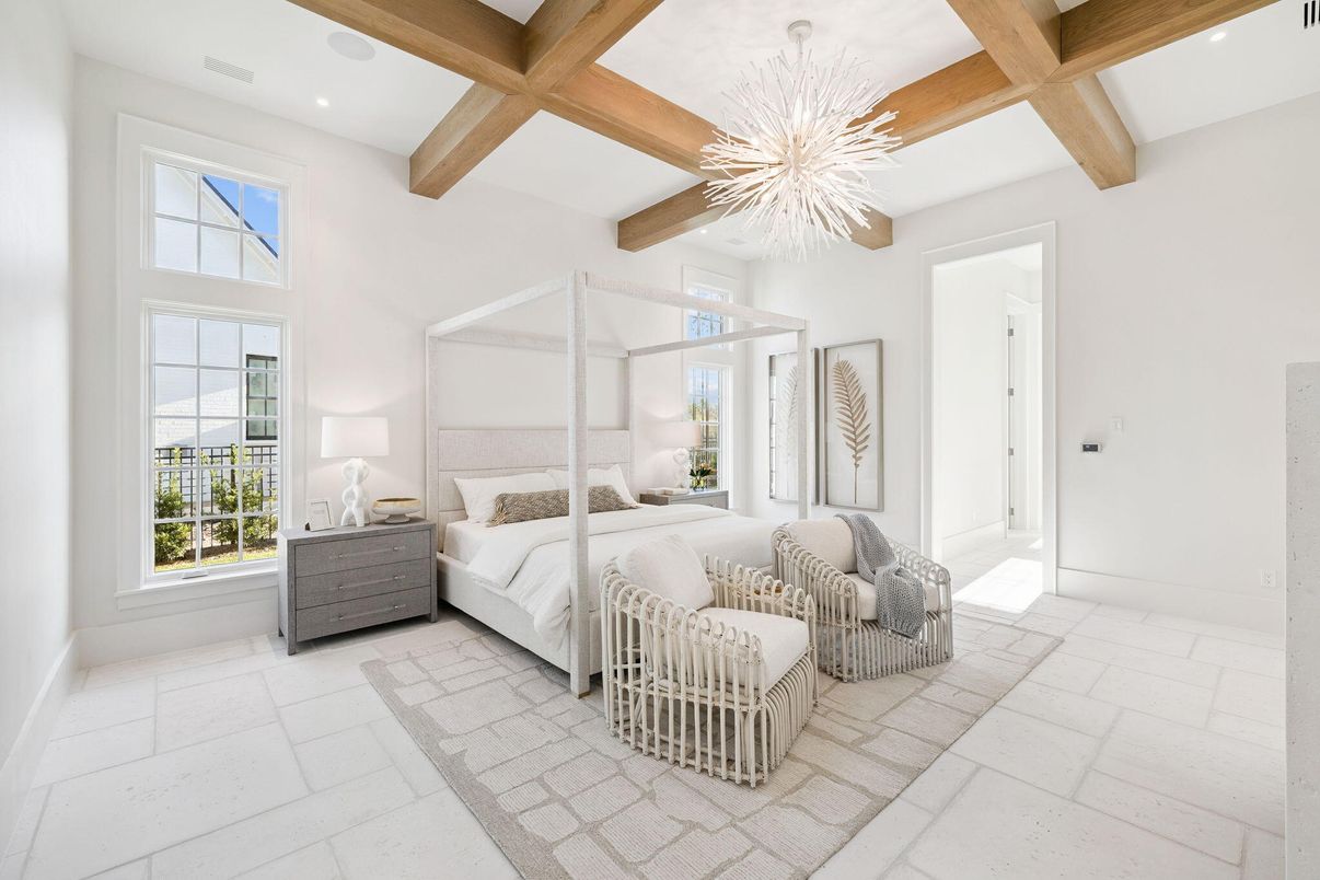 Bedroom, Chandelier, Interior, Recessed Lighting, Wooden Beams