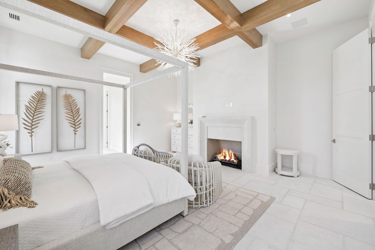 Bedroom, Fireplace, Interior, Pendant Lights, Recessed Lighting, Wooden Beams