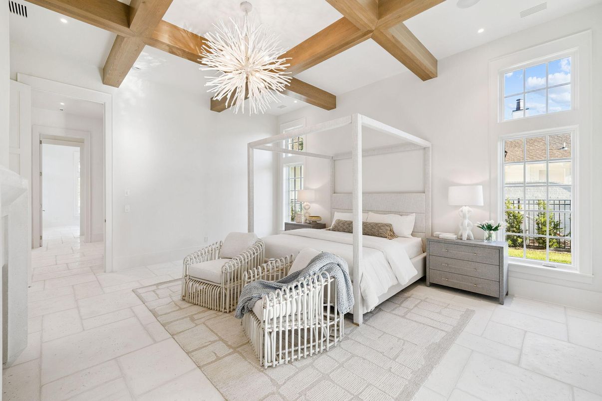 Bedroom, Chandelier, Interior, Recessed Lighting, Wooden Beams