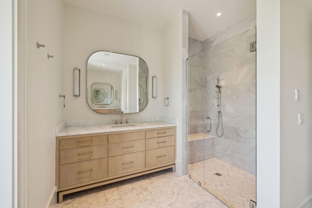 Bathroom, Glass Shower, Interior, Marble Walls, Recessed Lighting
