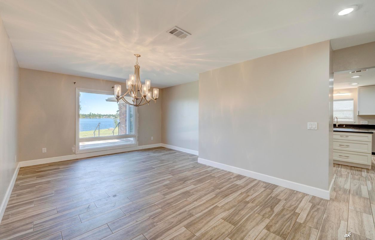 Chandelier, Empty room, Interior, Recessed Lighting, Wood Texture Flooring