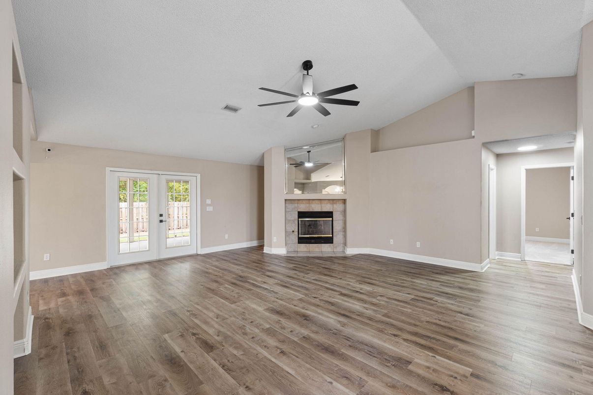 Empty room, Fireplace, Interior, Recessed Lighting, Wood Texture Flooring