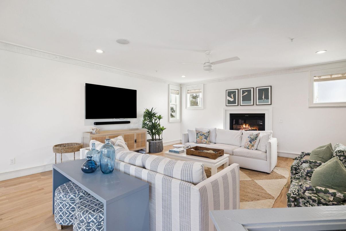 Fireplace, Interior, Living room, Recessed Lighting, Wood Texture Flooring