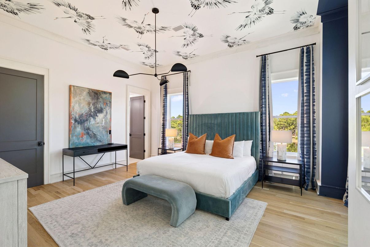 Bedroom, Interior, Pendant Lights, Wood Texture Flooring