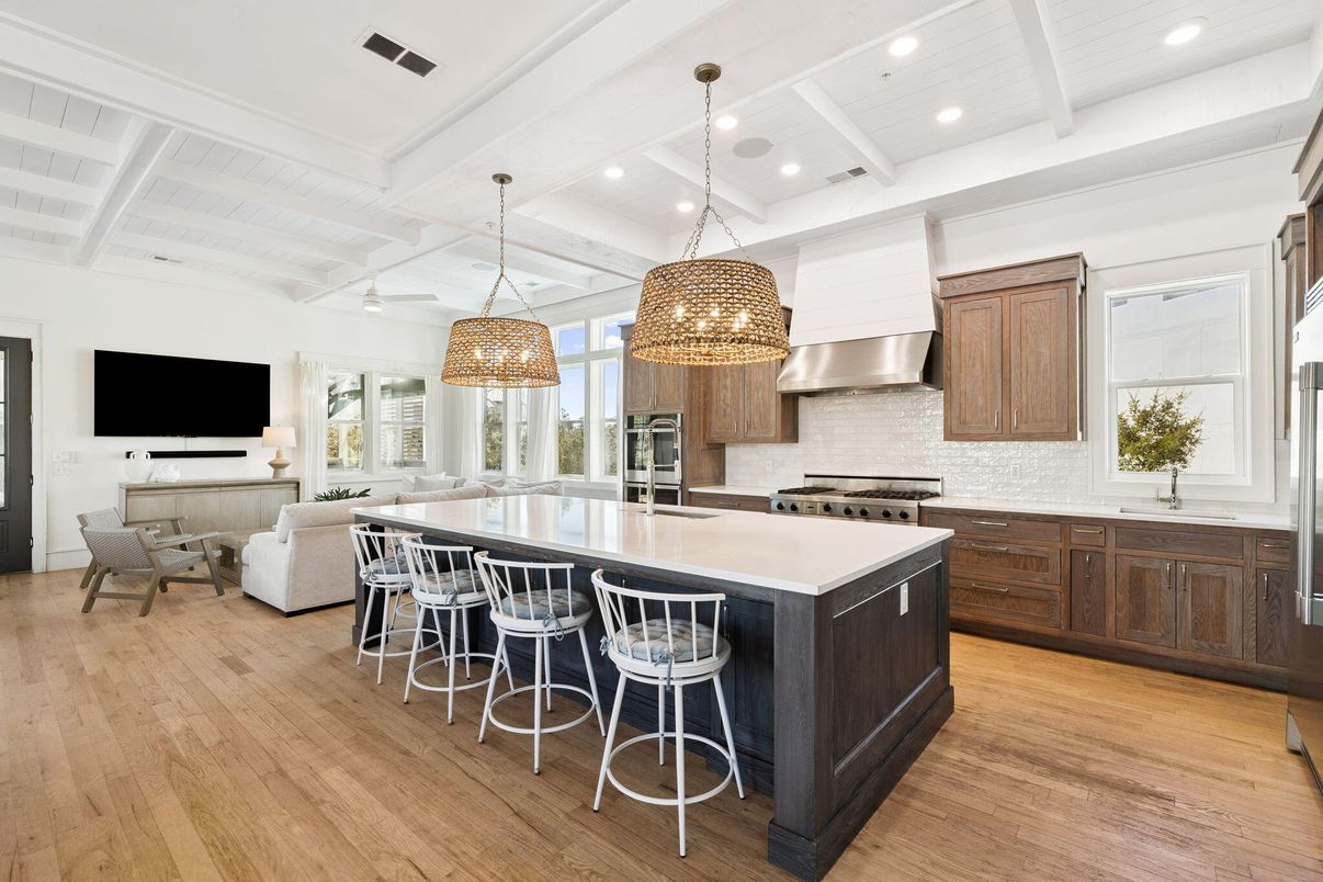 Interior, Kitchen, Living room, Pendant Lights, Recessed Lighting, Stainless Steel Appliances, Wood Texture Flooring