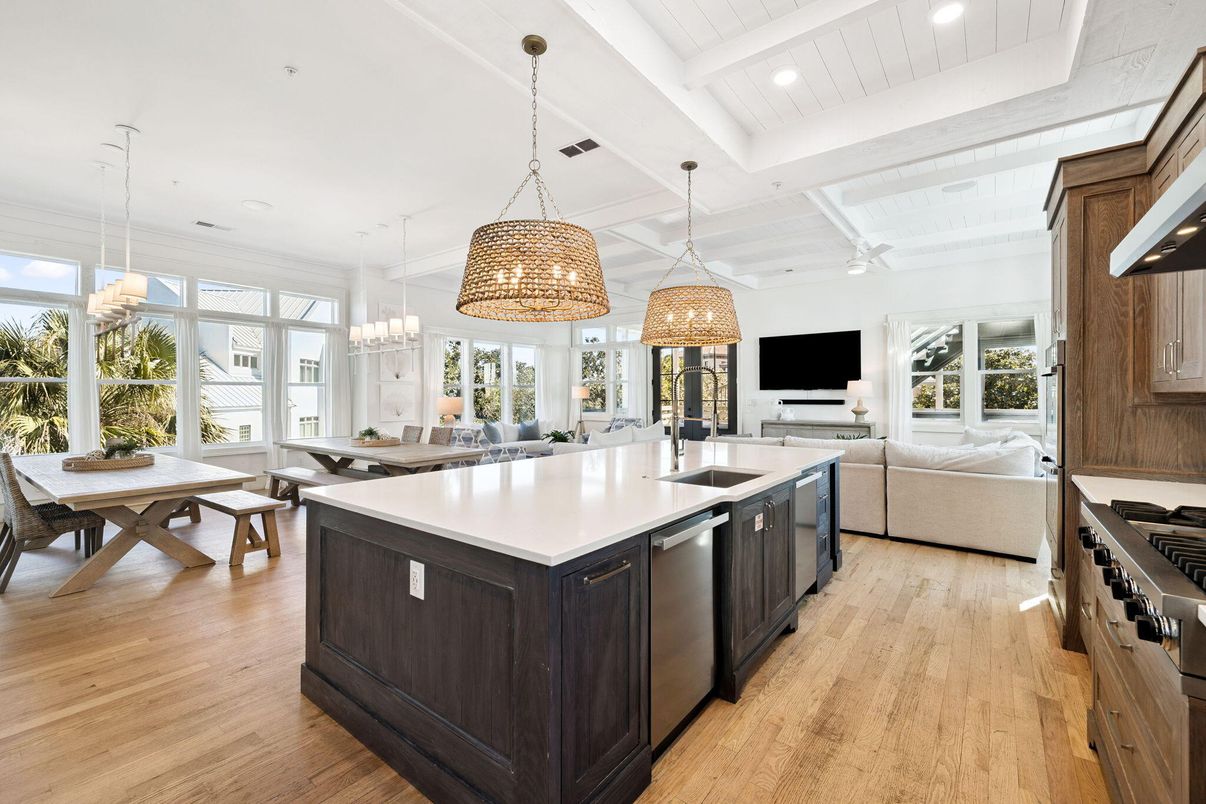 Chandelier, Dining room, Interior, Kitchen, Living room, Pendant Lights, Recessed Lighting, Stainless Steel Appliances, Wood Texture Flooring