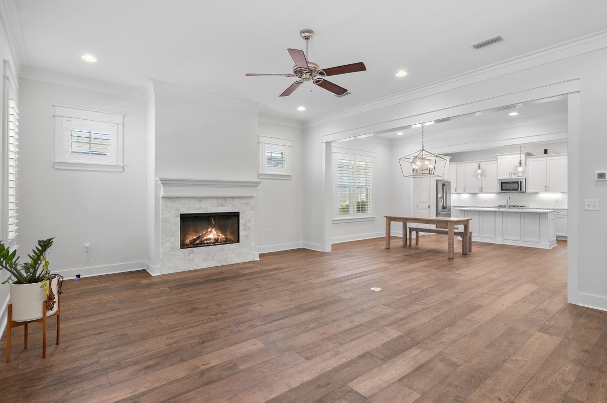 Chandelier, Fireplace, Interior, Kitchen, Pendant Lights, Recessed Lighting, Wood Texture Flooring