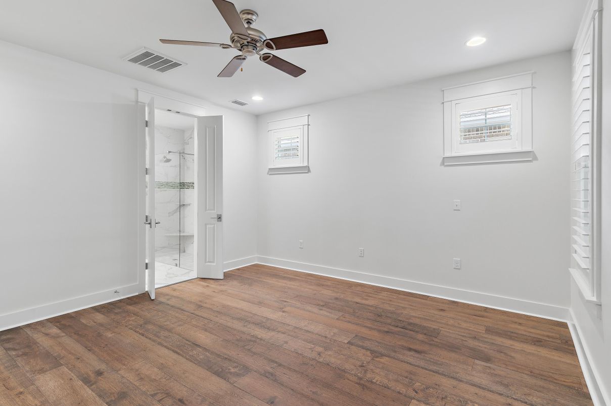 Bathroom, Empty room, Interior, Recessed Lighting, Wood Texture Flooring