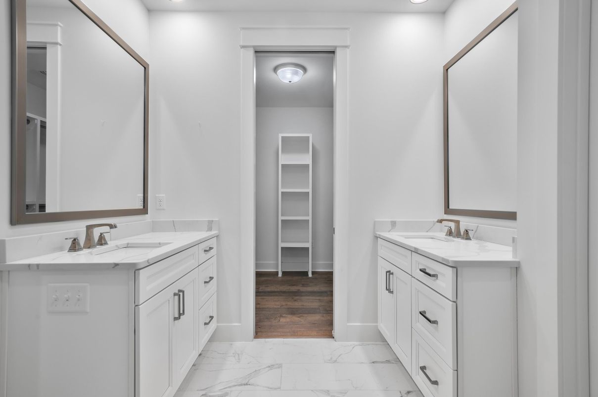 Bathroom, Dual Sink Vanities, Interior, Marble, Recessed Lighting, Wood Texture Flooring