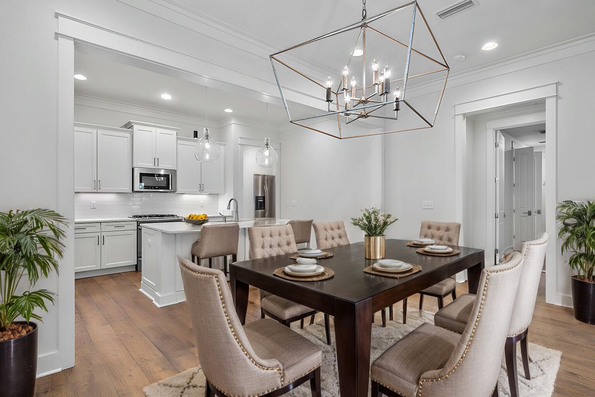 Chandelier, Dining room, Interior, Kitchen, Pendant Lights, Recessed Lighting, Stainless Steel Appliances, Wood Texture Flooring