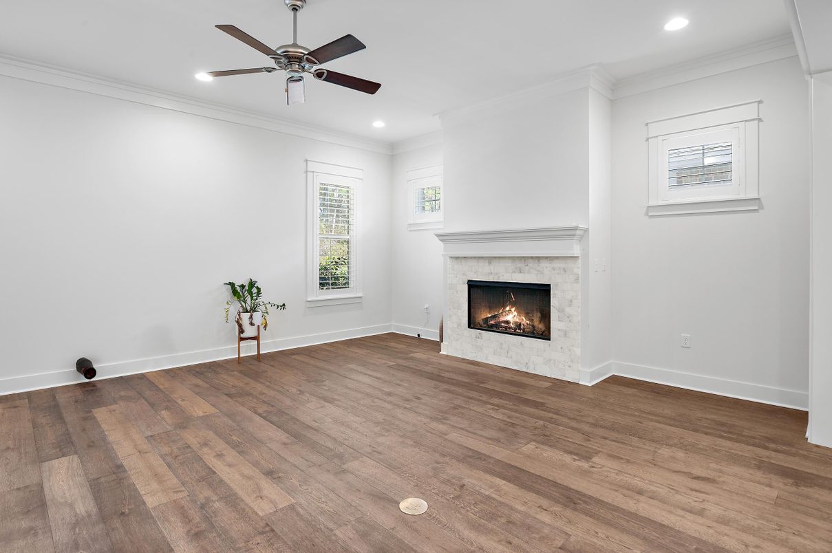 Empty room, Fireplace, Interior, Recessed Lighting, Wood Texture Flooring