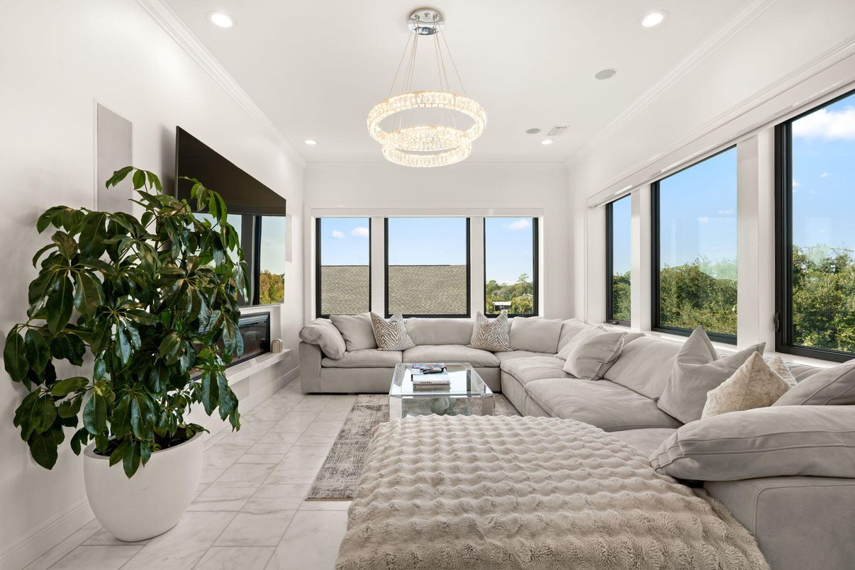 Chandelier, Fireplace, Interior, Living room, Marble, Recessed Lighting